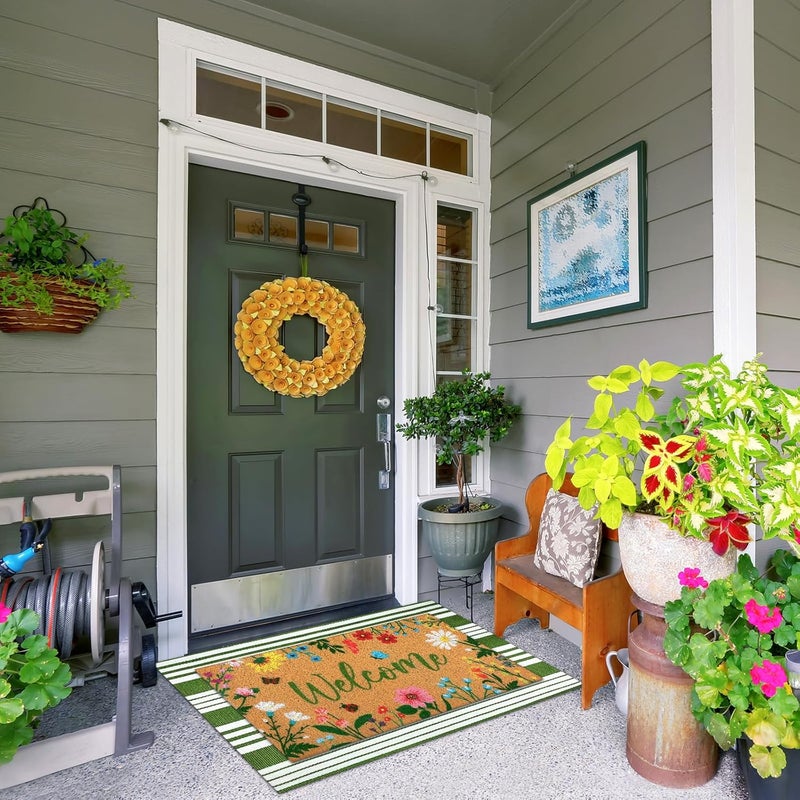 Tinideya 2 Pcs Floral Welcome Doormat Flower Outdoor Welcome Mats for Front Door Non Slip Wildflower Coir Floor Mat Green White Stripe Layering Rug for Outside Front Porch Entryway Decor - Image 4